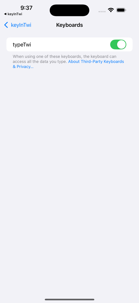 keyInTwi - iOS settings screen showing the toggle to enable the typeTwi keyboard