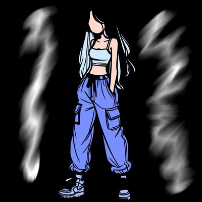 girl in baggy pants crop top and long hair