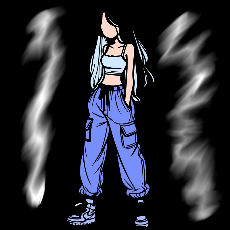 girl in baggy pants crop top and long hair