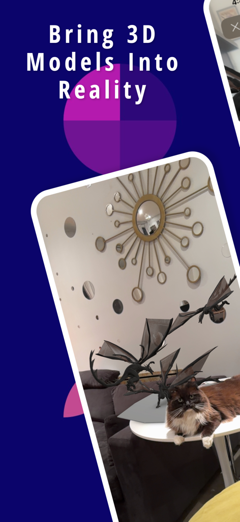 Augmented reality view of 3D dragon models in a living room using the Fab3D app