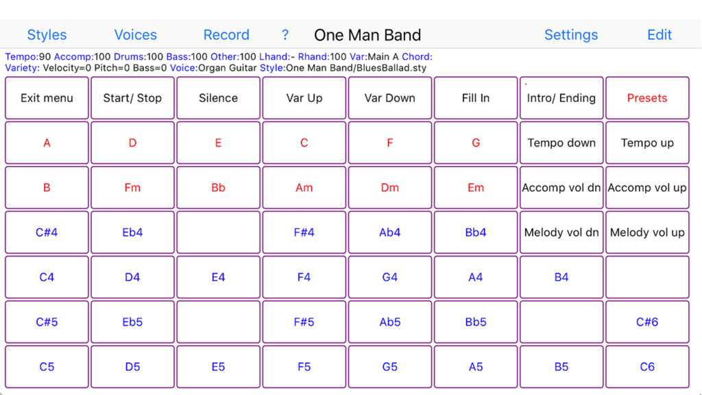One Man Band Live - User interface of One Man Band Live app featuring a grid of buttons for musical chords and accompaniment controls