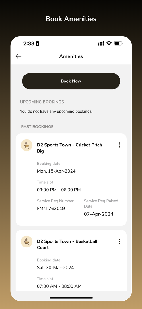 DAMAC Living - DAMAC Living app interface for booking and viewing past amenity reservations like sports courts