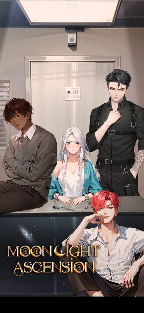Moonlight Ascension - Otome - Artwork for Moonlight Ascension Otome featuring a white haired female character in handcuffs surrounded by three handsome male ikeman characters