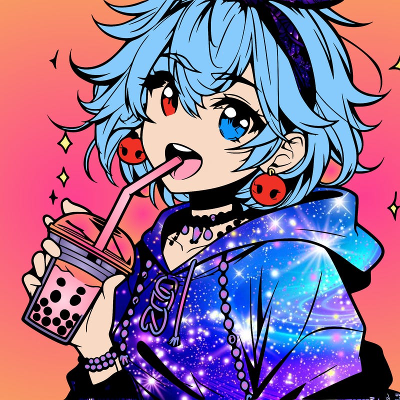 hot baddie anime girl drinking boba and biting the straw