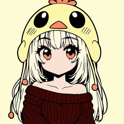 anime girl with chick shaped hat with sweater with bare shoulders with bangs covering them one eye with low tail