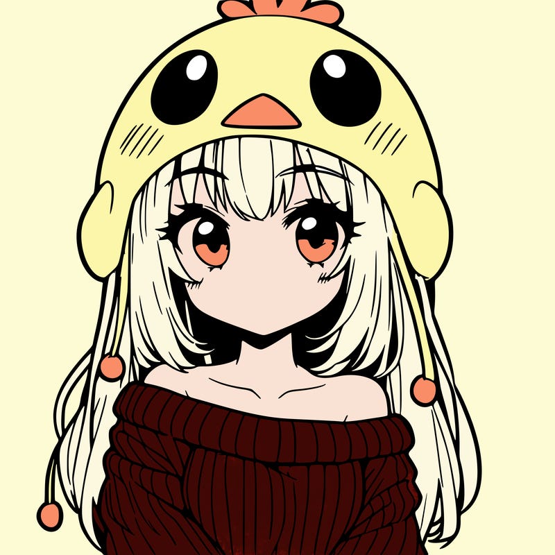 anime girl with chick shaped hat with sweater with bare shoulders with bangs covering them one eye with low tail