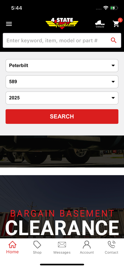 4 State Trucks - 4 State Trucks app interface showing truck part search filters for Peterbilt model 589 year 2025