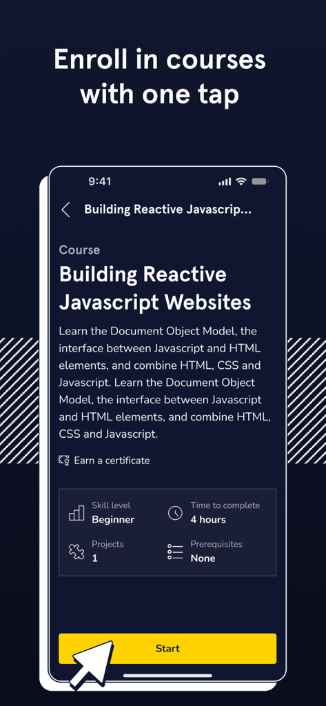 Codecademy Go - Codecademy Go app screen showing the description and start button for a JavaScript course.