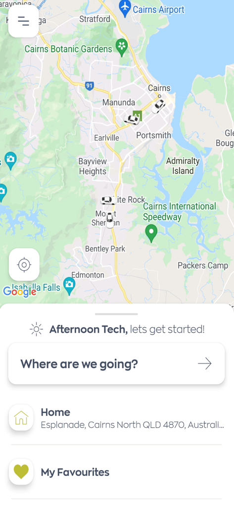 Interface of the Cairns Taxis Booking App showing real-time taxi locations on a map of Cairns and a destination search field.