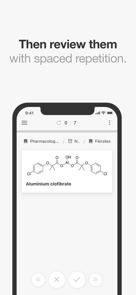 Mochi - Flashcards and notes - Mochi app interface showing a pharmacology flashcard with a chemical structure for spaced repetition study.