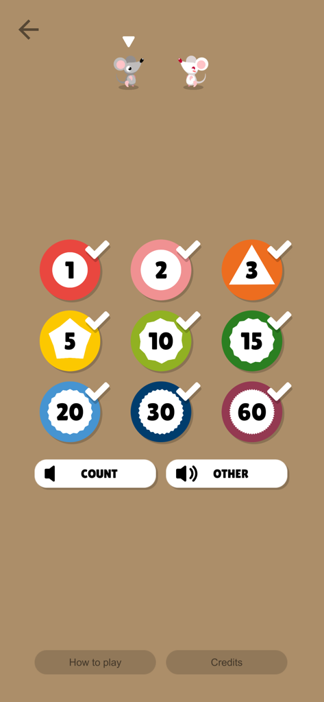 Mouse Timer - Time selection screen of the Mouse Timer app showing colorful numbered buttons and two mouse characters.