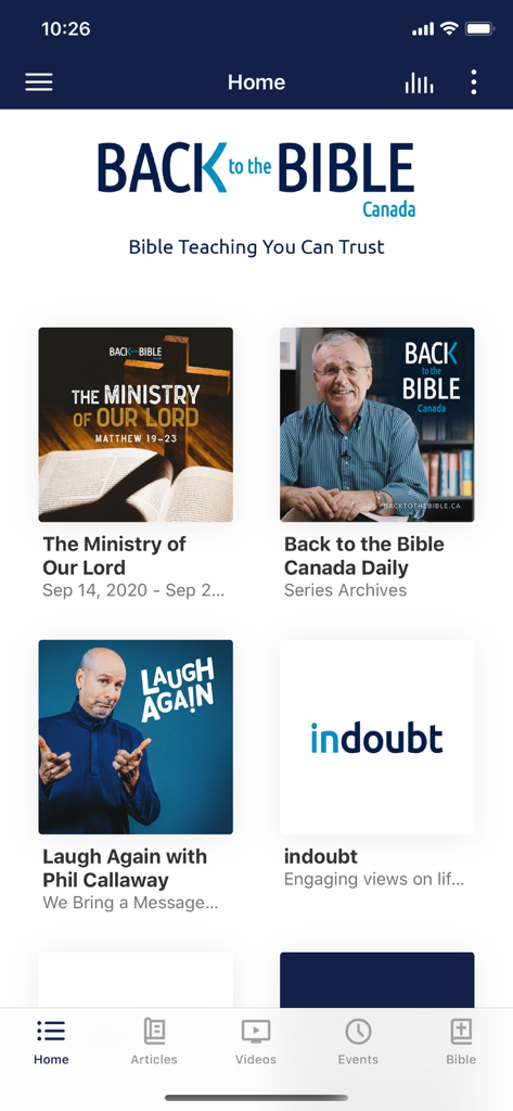 Back to the Bible Canada - The home screen of the Back to the Bible Canada mobile app showcasing different Bible teaching series and spiritual content.