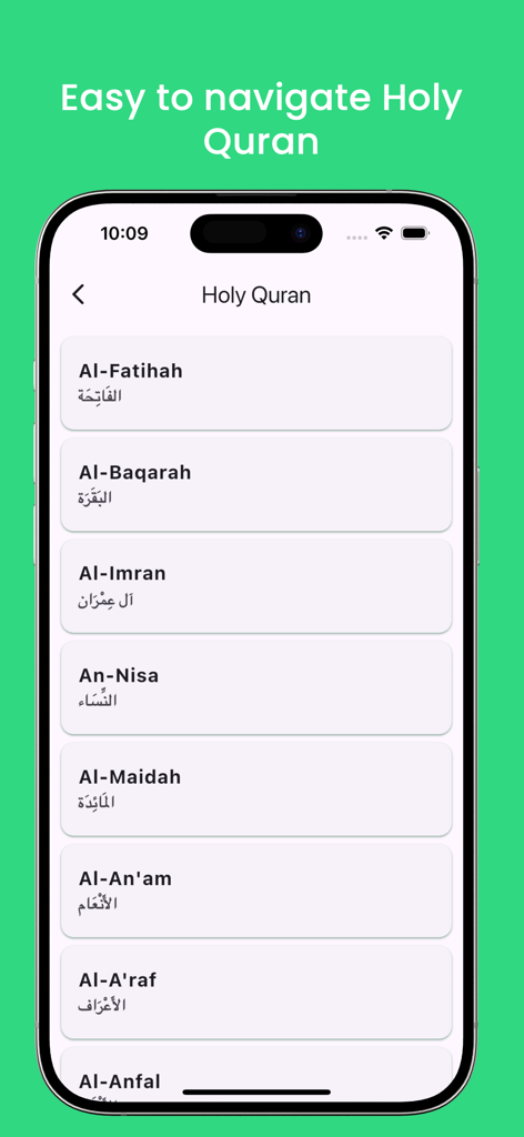 Quran App - English - Captura de tela do App Alcorão mostrando uma lista de Suras em inglês e árabe para facilitar a navegação