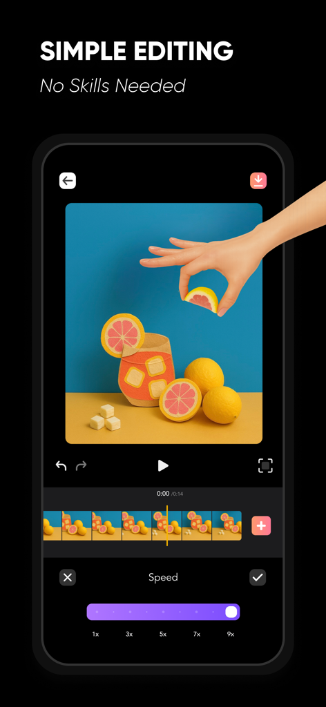 Interface do aplicativo Stop Motion Maker demonstrando edição de vídeo simples e ajuste da velocidade dos quadros.