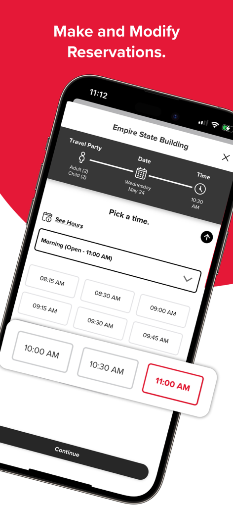 My CityPASS - My CityPASS app reservation screen for the Empire State Building showing available time slots