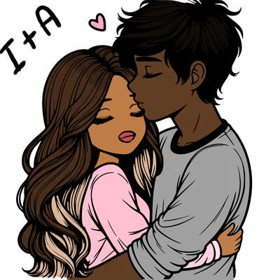 a realistic couple boy and girl hugging and kissing