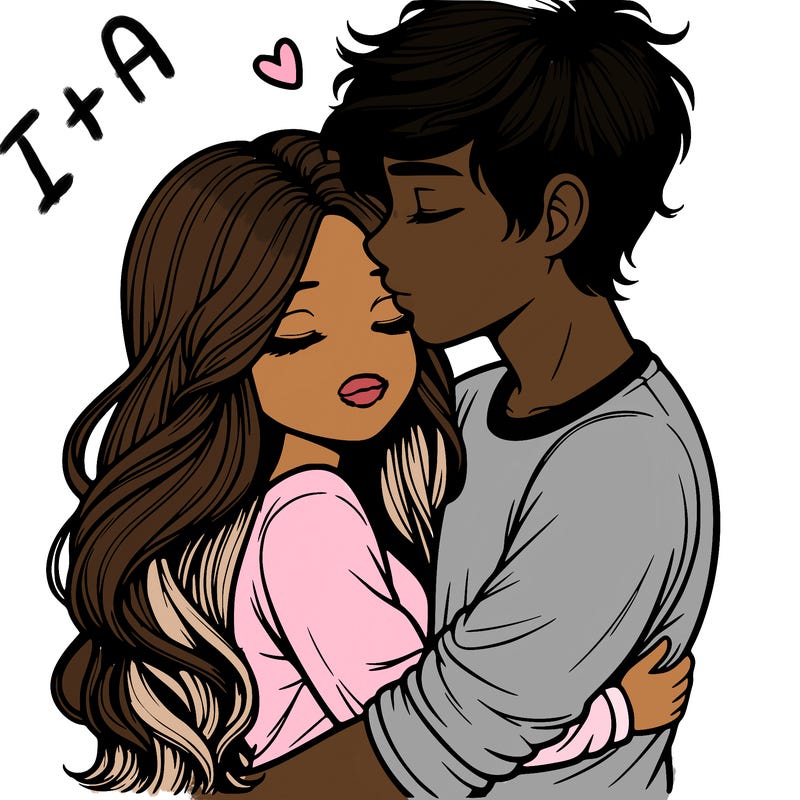 a realistic couple boy and girl hugging and kissing