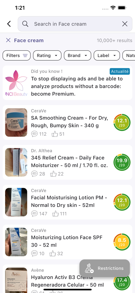 INCI Beauty app search results for face creams showing color-coded ingredient safety ratings and user scores