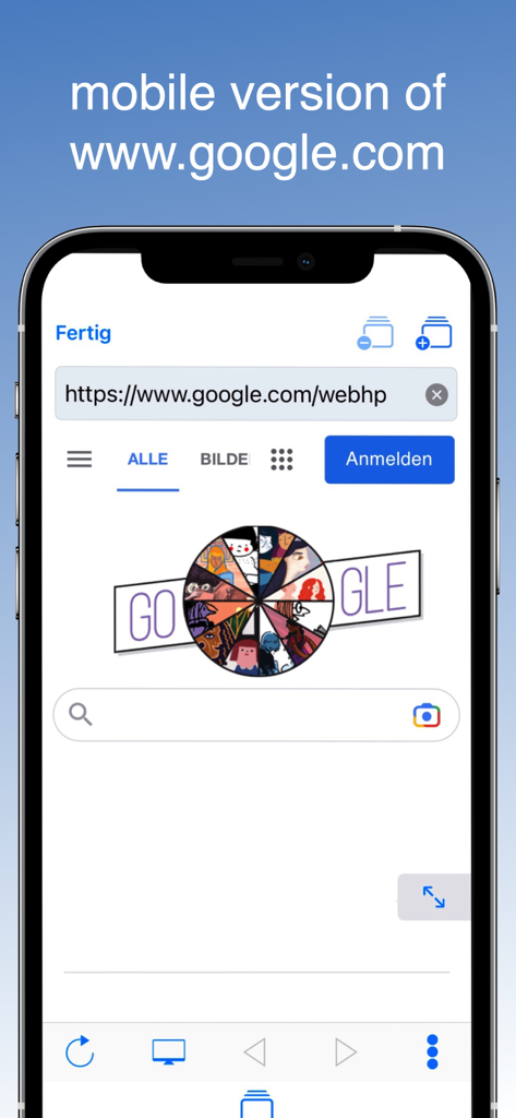 Desktop Browser - Smartphone screen showing the mobile version of Google website within the Desktop Browser application