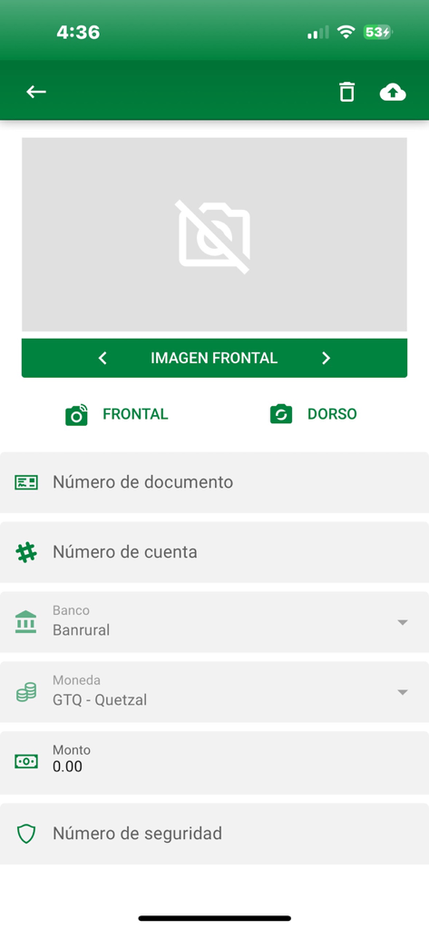 Cheques - Caja Banrural - Interface for scanning and entering details for check digitization in the Caja Banrural app.