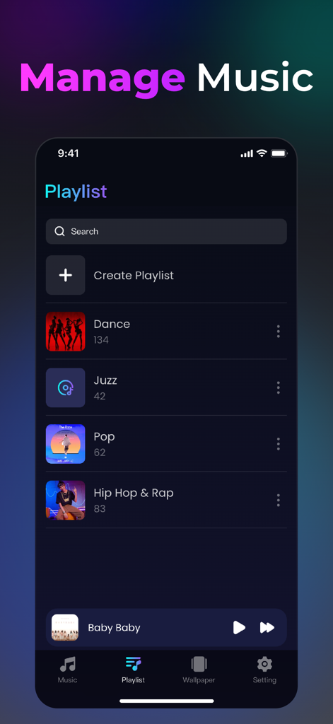 Cloud Music Offline Player - Interfaz de la aplicación Cloud Music Offline Player mostrando una lista de listas de reproducción de música como Dance Pop y Hip Hop en una pantalla con tema oscuro