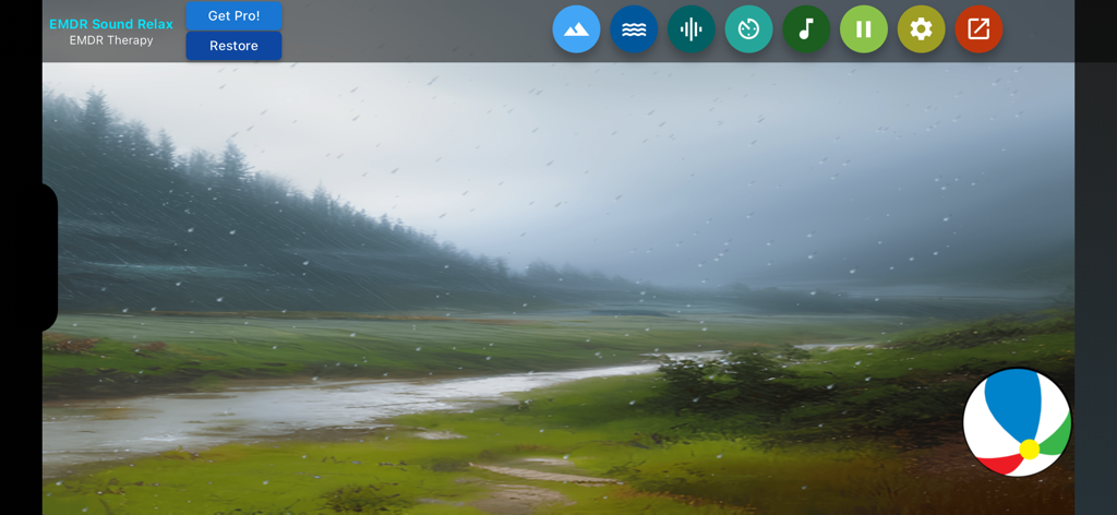 EMDR therapy session screen featuring a rainy forest landscape and a moving colorful ball.