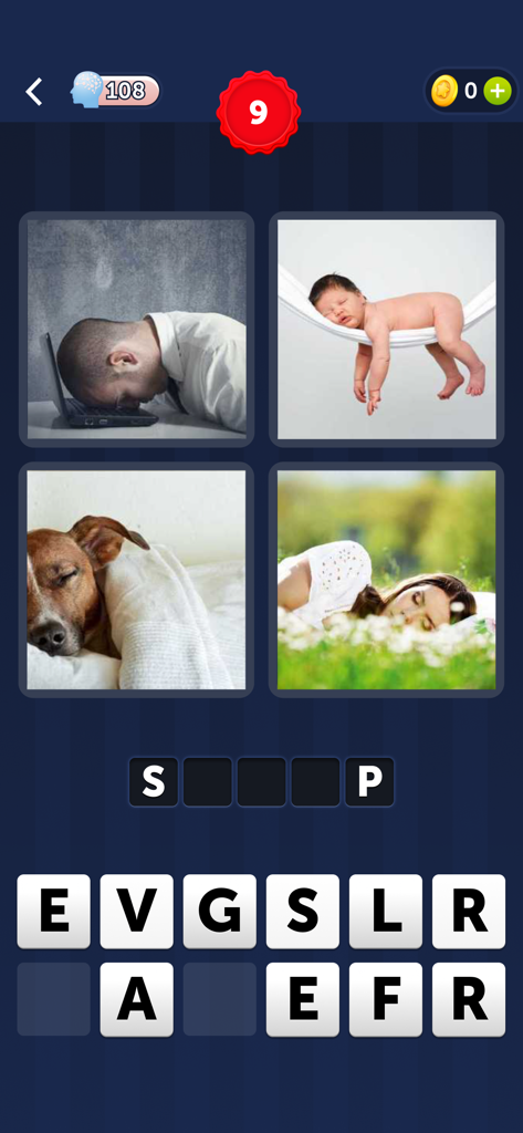 4 Pics 1 Word - Gameplay-Screenshot von 4 Bilder 1 Wort, der einen Mann, ein Baby, einen Hund und eine Frau zeigt, die alle schlafen, als Worträtsel.