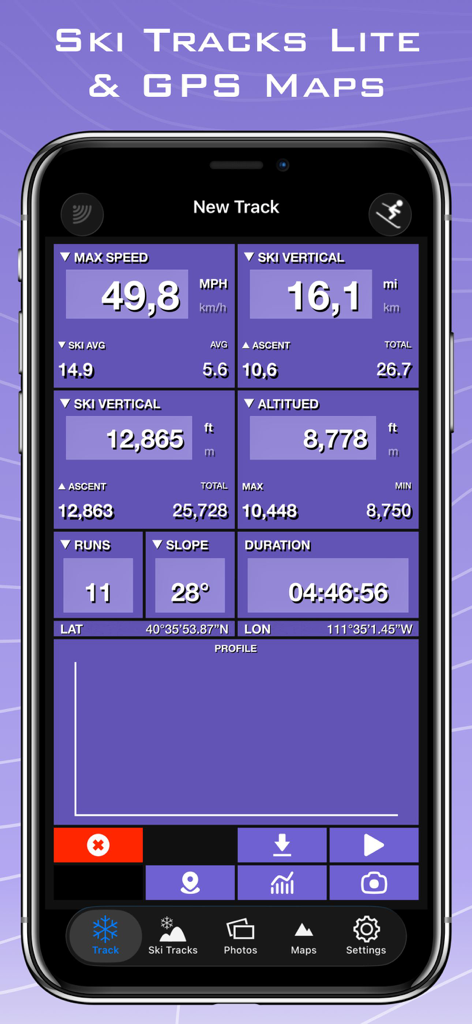 Ski Tracks Lite dashboard showing skiing stats including speed and vertical distance