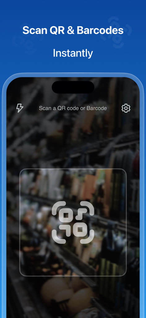 QR & Barcode AI Reader - Interfaz de la aplicación Lector IA de Códigos QR y Barras que muestra la función de escaneo instantáneo en un iPhone.
