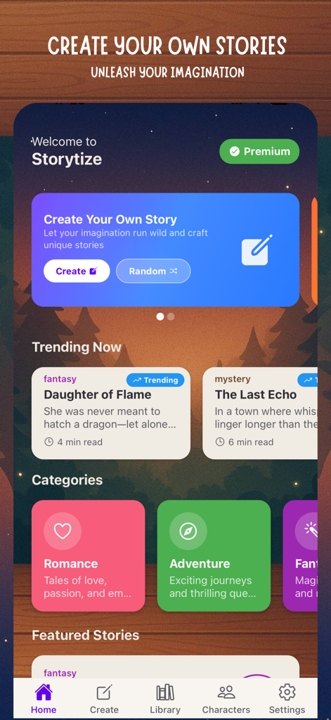 Storytize app home screen displaying trending stories and creative writing categories.