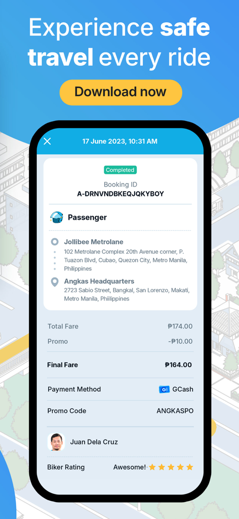 Angkas: Cheap Moto Taxi Rides - Una pantalla de la aplicación móvil que muestra un recibo de viaje en motocicleta completado con el precio de la tarifa y una calificación de cinco estrellas