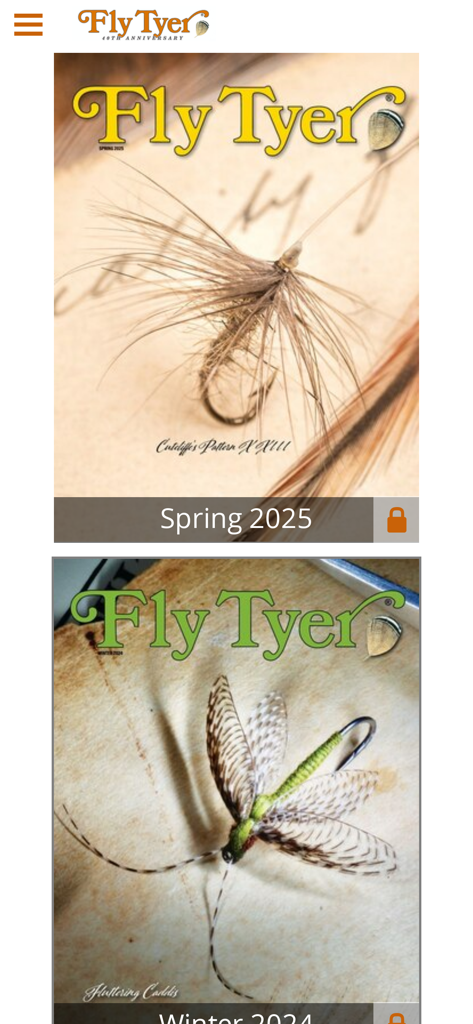 Fly Tyer Magazine - Fly Tyer Magazine app screen showing Spring and Winter digital issues with detailed fly patterns.