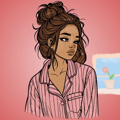 realistic woman with pajamas on and a messy bun