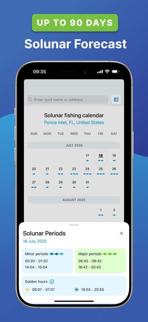 The Fishing Forecast - A 90 day solunar fishing calendar showing major and minor activity periods for anglers
