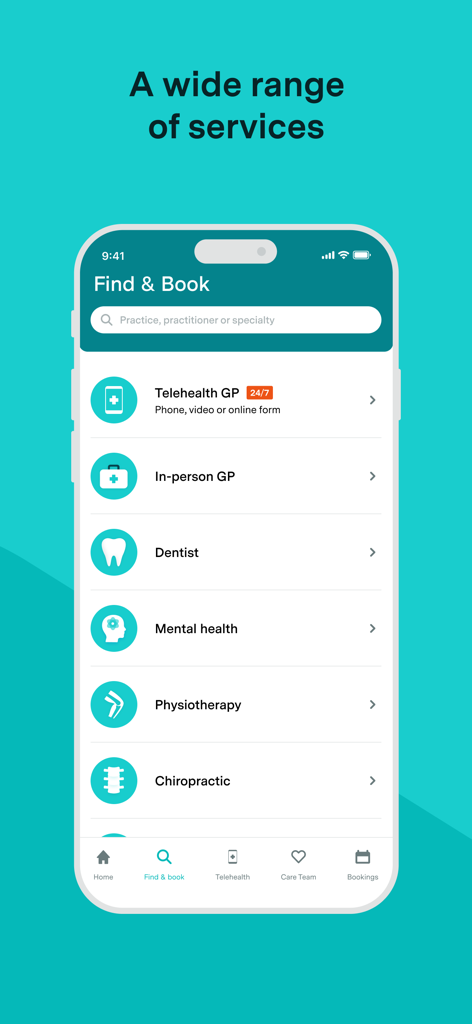 Healthengine - Healthengine app interface showing various healthcare services for booking including GP, dentist, and mental health.
