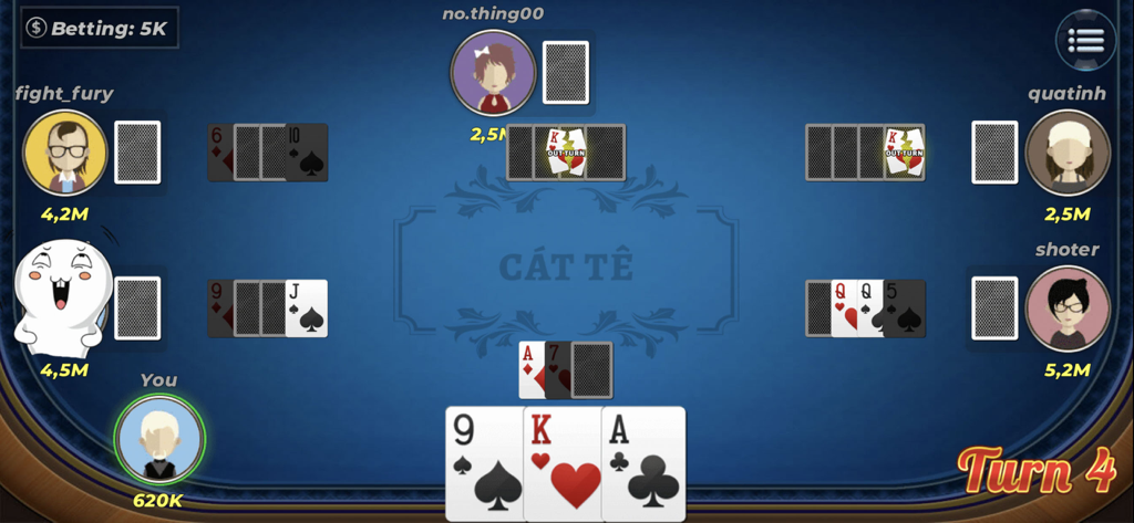In-game view of Catte Offline card game with players at a virtual table