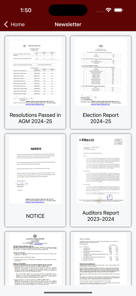 Section de la newsletter de l'application Calcutta Club montrant les résolutions officielles de l'AG, les rapports d'élection et les avis d'auditeurs.