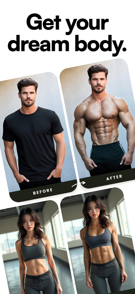 AI Muscle Filter - Gigabody - Before and after photos of a man and woman using the AI muscle filter app