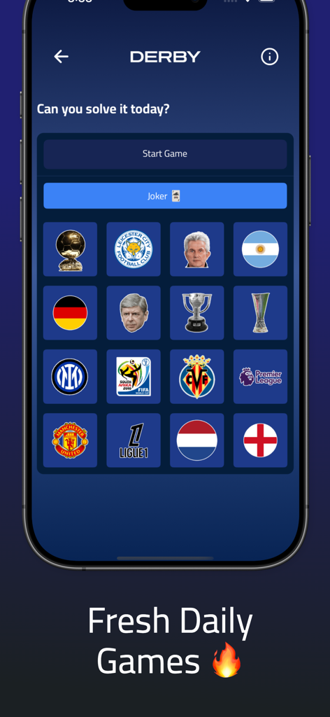 Derby: Football Trivia - ダービー フットボール トrivia のモバイルインターフェース。国際的なサッカーチームのロゴと選手ポートレートが表示されたデイリーゲームグリッドが表示されている。