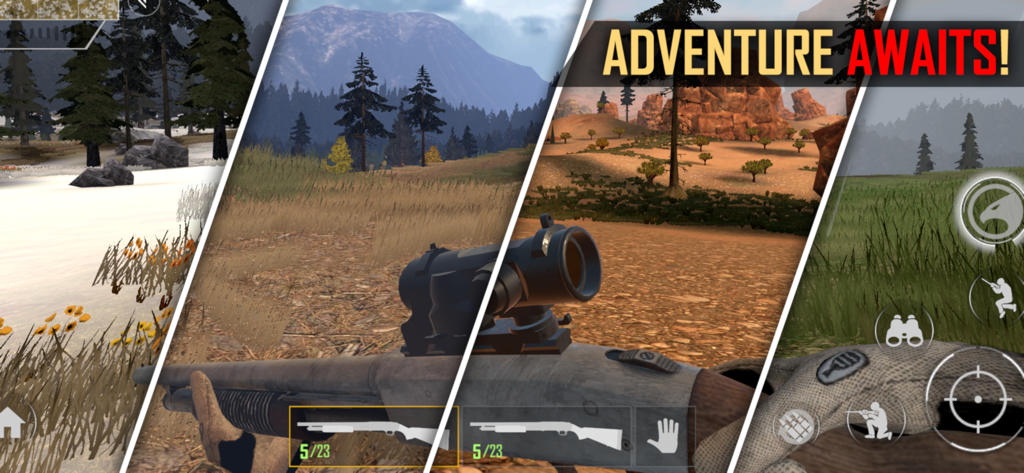 American Marksman - A collage showing four different hunting landscapes and a first-person view of a scoped rifle with the text Adventure Awaits.