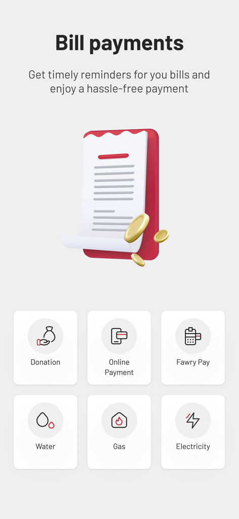 BM Online - BM Online Rechnungszahlungsbildschirm mit Optionen für Strom und Spenden