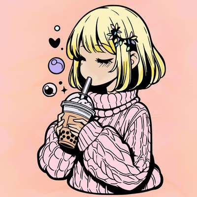 manga girl drinking boba in cozy sweater