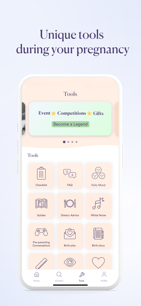 Interface of the Baby Journey app displaying pregnancy tools like checklists and dietary advice.