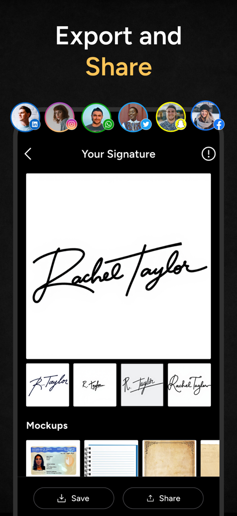 Una interfaz móvil para eSign AI que muestra una firma generada para Rachel Taylor con opciones de exportación y compartir en redes sociales.