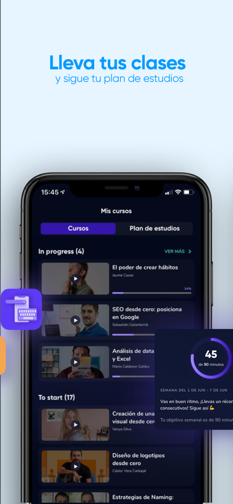 Pantalla móvil de la aplicación Crehana Learn que muestra cursos profesionales en línea y una barra de progreso de objetivos de aprendizaje semanales.