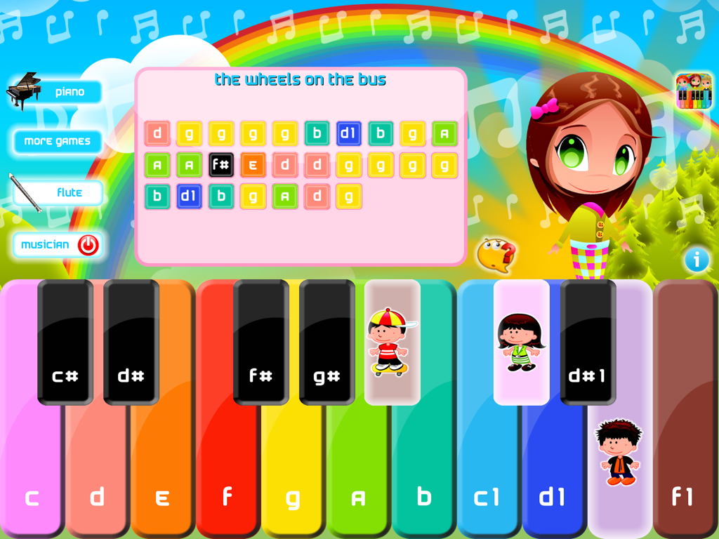 Cute Piano Lite play and learn - Interfaz colorida de la aplicación Cute Piano Lite que muestra un tablero de aprendizaje de canciones para Las Ruedas del Autobús