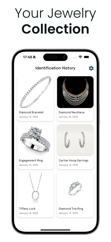 Jewelry - Antique Identifier - Una pantalla en la aplicación Identificador de Joyería Antigua mostrando un historial de artículos de joyería identificados, incluyendo anillos, collares y pulseras