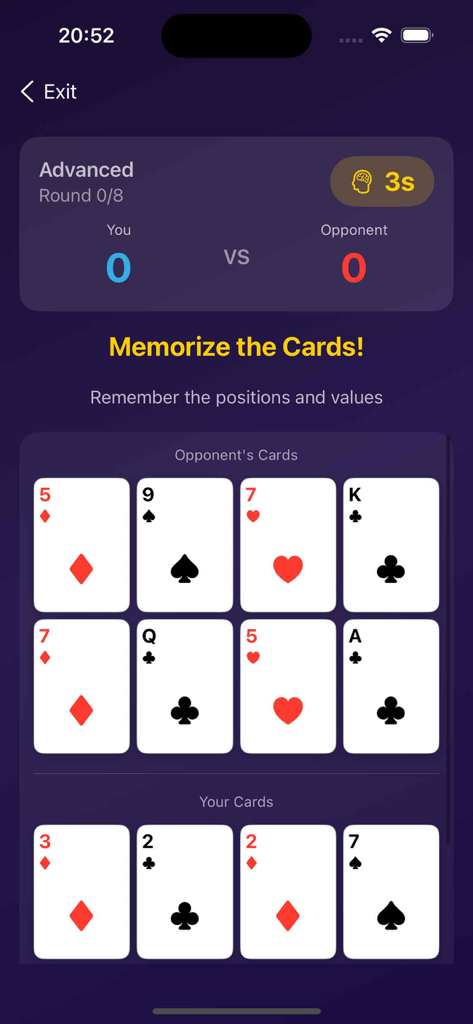 Pantalla del juego CardRecallSolo mostrando la fase de memorización con varias cartas visibles sobre un fondo oscuro durante una ronda avanzada.