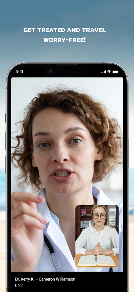Air Doctor - Un écran de smartphone montrant une consultation vidéo en direct entre un médecin professionnel et un patient sur l'application Air Doctor.