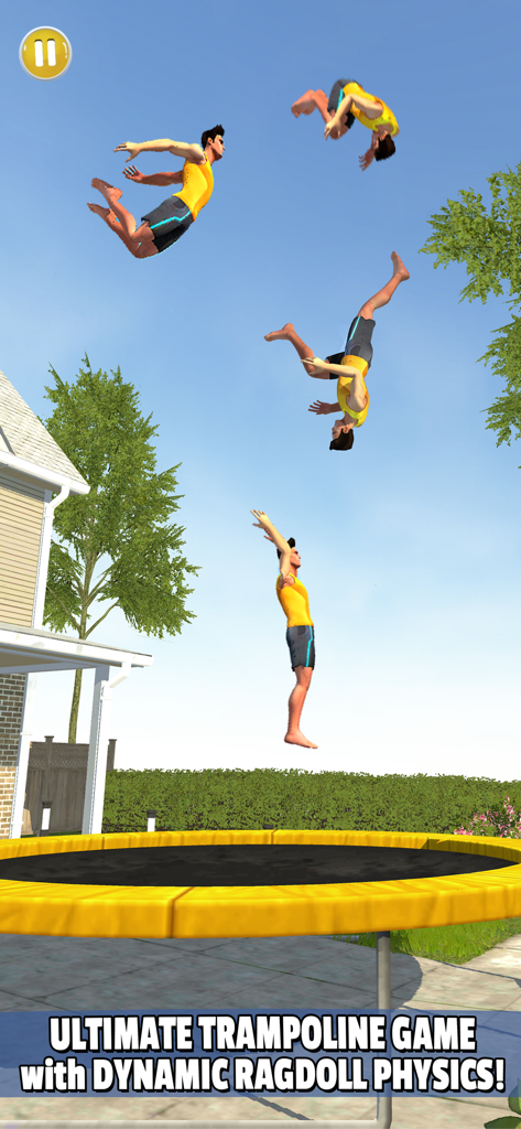 Flip Master - 다이나믹 랙돌 물리학을 가진 뒤뜰 트램폴린에서 후방 공중제비를 수행하는 캐릭터.